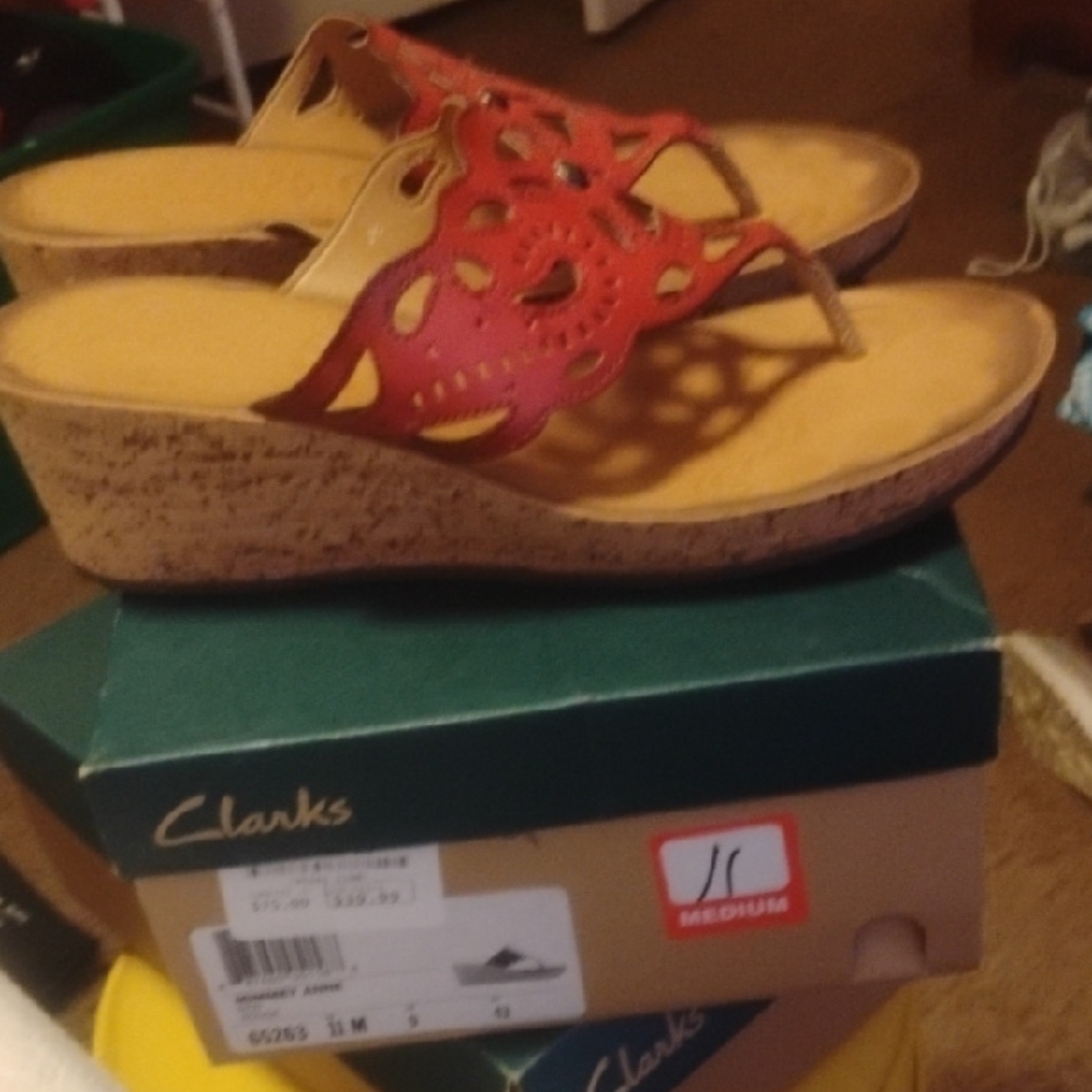 Clarks Red Cutout Wedge Sandals